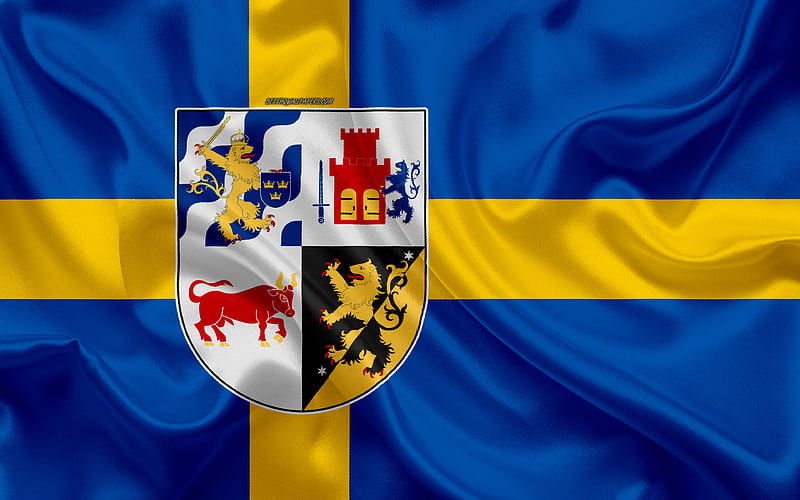 Coat of arms of Vastra Gotaland lan silk flag, Swedish flag, Vastra Gotaland County, Sweden, flags of the Swedish province, silk texture, Vastra Gotaland lan, coat of arms, HD wallpaper