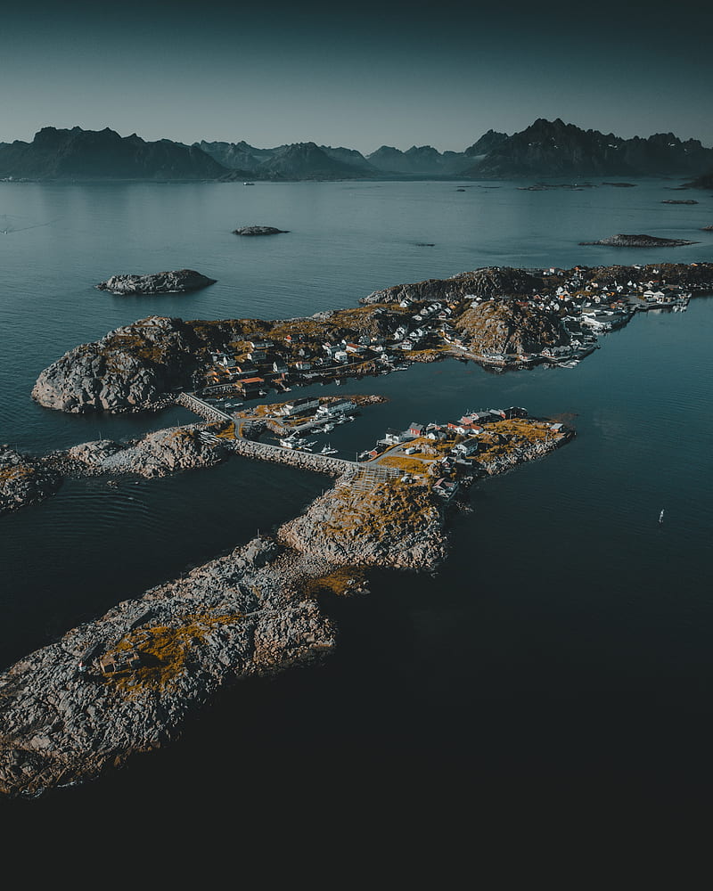 island, settlement, buildings, water, rocks, HD phone wallpaper