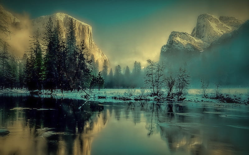 Yosemite National Park, morning, winter, river, California, USA, America, HD wallpaper