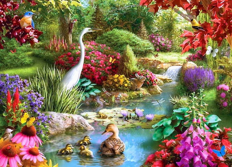 Nature's Embrace, colors, love four seasons, ducks, birds, butterflies, spring, attractions in dreams, pond, flowers, garden, nature, butterfly designs, HD wallpaper