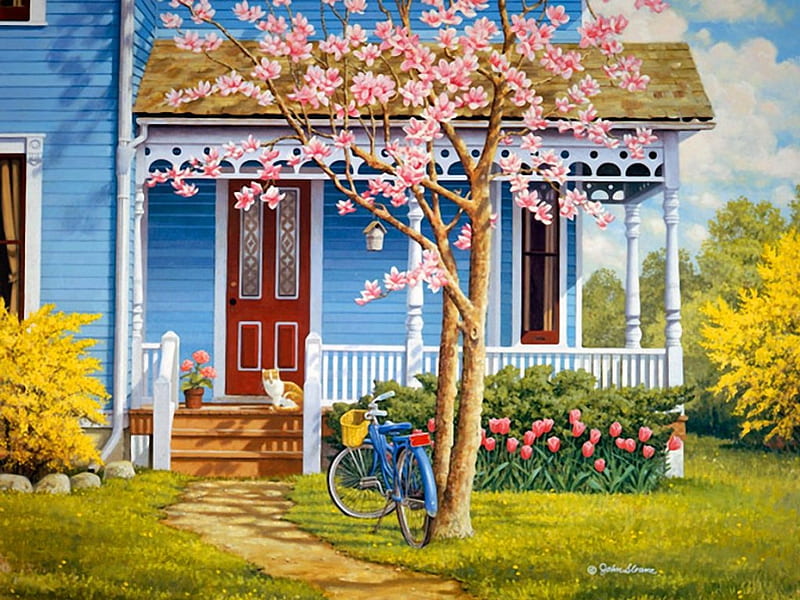 Front porch, apple, pretty, art, house, lovely, grass, cottage, bonito, spring, freshness, tree, nice, porch, painting, front, flowers, HD wallpaper