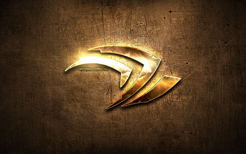 Nvidia golden logo, artwork, brown metal background, creative, Nvidia logo, brands, Nvidia, HD wallpaper