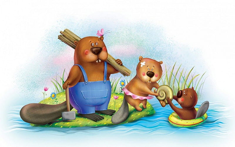 Beaver Family, cartoons, dad, family, mom, abstract, beavers, cute, fantasy, child, HD wallpaper