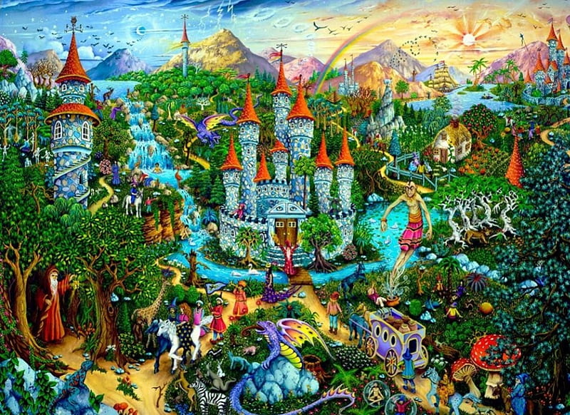 Magic Kingdom, sun, houses, sailship, birds, trees, coach, artwork, horses, castles, mountains, people, painting, waterfall, mushrooms, HD wallpaper