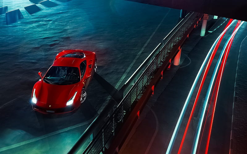 Ferrari 488 GTB, 2016, night, supercars, parking, traffic lights, red ferrari, HD wallpaper