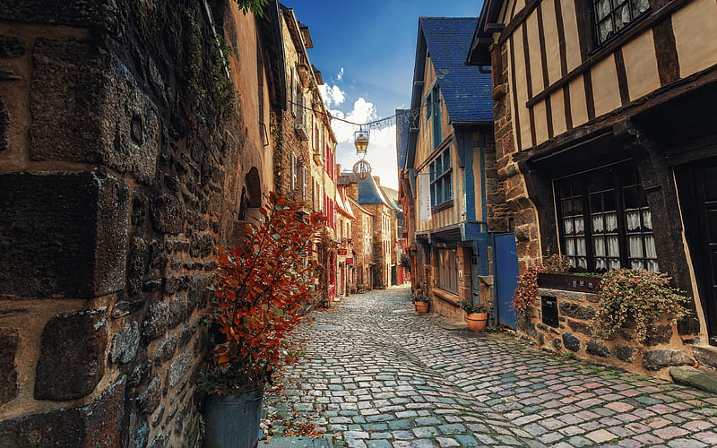 Dinan, old street, houses, pavement, Brittany, France, Europe, HD wallpaper