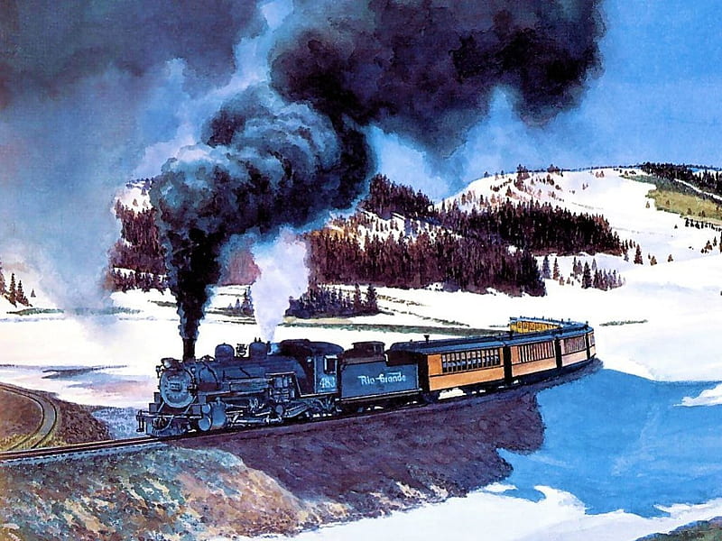 Rocky Mountain Railroad, locomotive, railway, train, snow, painting, steam, winter, landscape, HD wallpaper