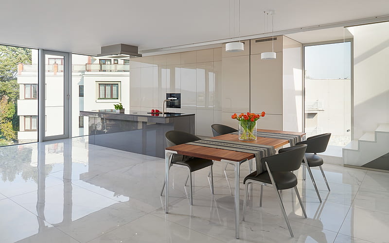 kitchen stylish interior design, modern stylish interior, white marble kitchen floor, white glossy kitchen furniture, kitchen project, HD wallpaper