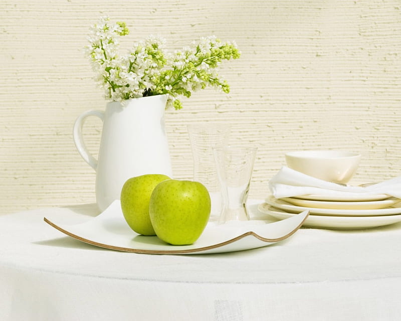 Home style, table, green apple, flowers, plate, vase, HD wallpaper