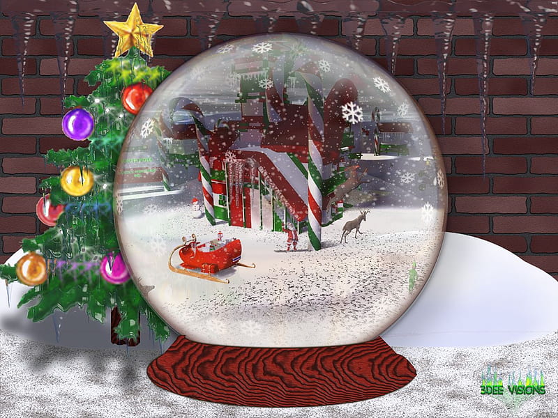 Christmas Snowglobe 002b, globe, wreath, christmas, rudolf, xmas, glass, tree, snowflake, santa, snow, decorations, ice, northpole, reindeer, snowglobe, rudolph, HD wallpaper