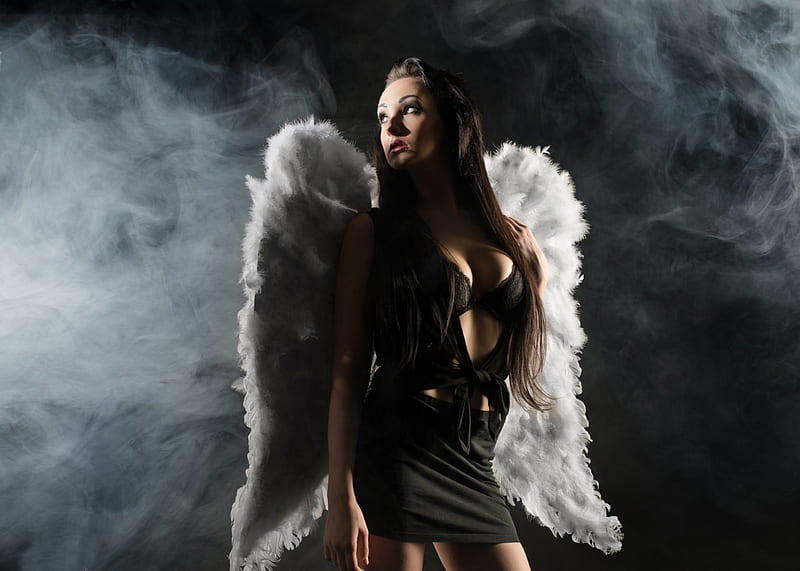 Smoke Angel, brunette, wings, smoke, angel, HD wallpaper