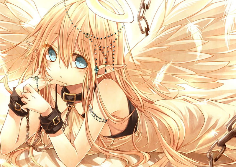 Gold Angel, pretty, wing, sweet, nice, anime, feather, hot, long hair, chain, female, wings, lovely, angel, lying, sexy, cute, girl, aniime girl, HD wallpaper