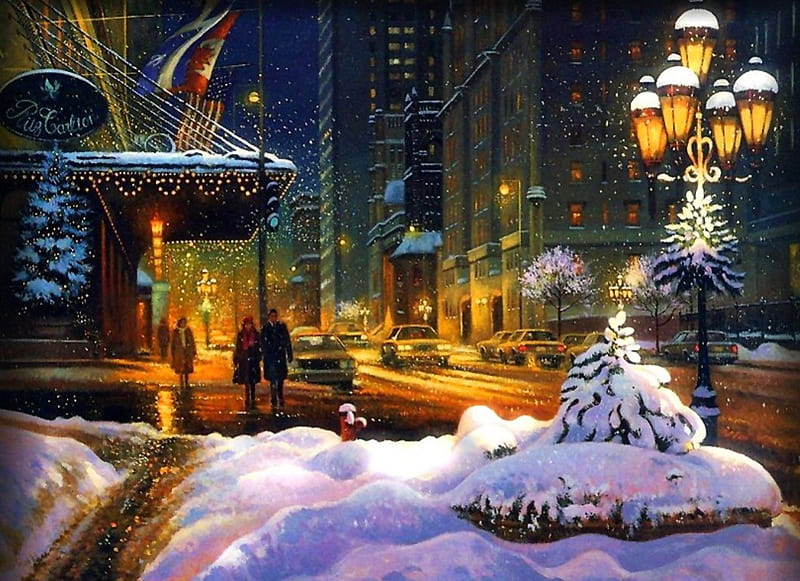 Christmas in the City, snow, people, buildings, street, artwork, xmas, HD wallpaper