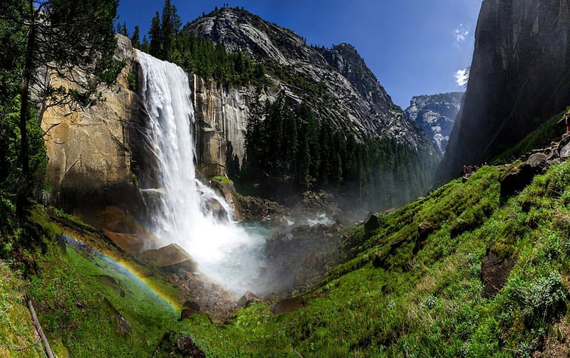vernal falls in yosemite national park, cliffs, mountains, gorge, rainbow, falls, HD wallpaper