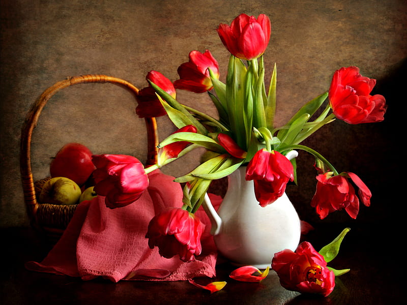 Red Tulips, with love, red, pretty, fruits, vase, bonito, still life ...