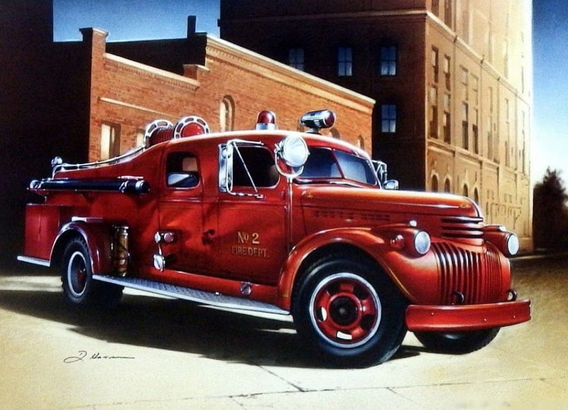 Big Red, building, car, painting, firefighters, artwork, vintage, HD wallpaper