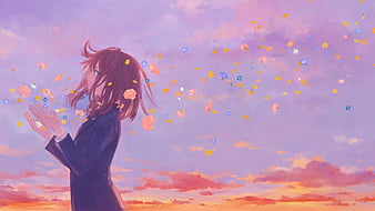 Anime scenery, sunset, anime school girl, clouds, artwork, Anime, HD  wallpaper