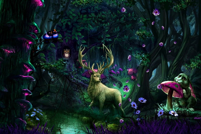 forest, fairy tale, grass, birds, trees, deer, sweet, fantasy, flowers, mushrooms, hare, river, daisy, HD wallpaper