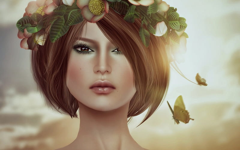 Beauty, autumn, redhead, woman, leaf, butterfly, girl, green, rendering ...