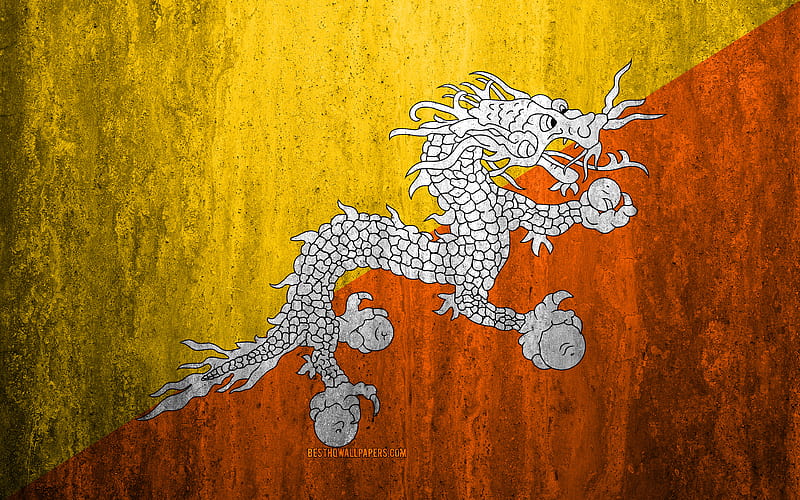 Flag of Bhutan stone background, grunge flag, Asia, Bhutan flag, grunge art, national symbols, Bhutan, stone texture, HD wallpaper