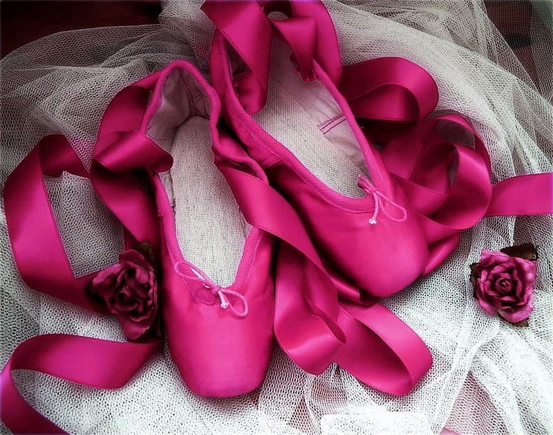 Tiny Ballerina Dreams, ballerina, ballet, flowers, pointe shoes, roses, pink, HD wallpaper
