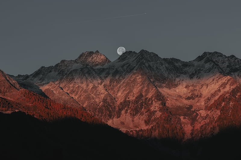 Full Moon Behind Mountain Dark Evening Late Sunset , mountains, moon, evening, sunset, dark, nature, HD wallpaper