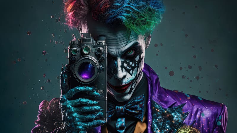 Joker Colorful With Tattos And Camera, joker, supervillain, superheroes, artist, artwork, digital-art, deviantart, HD wallpaper