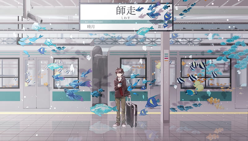 anime boy, surrealism, fishes, train station, trip, suitcase, Anime, HD wallpaper