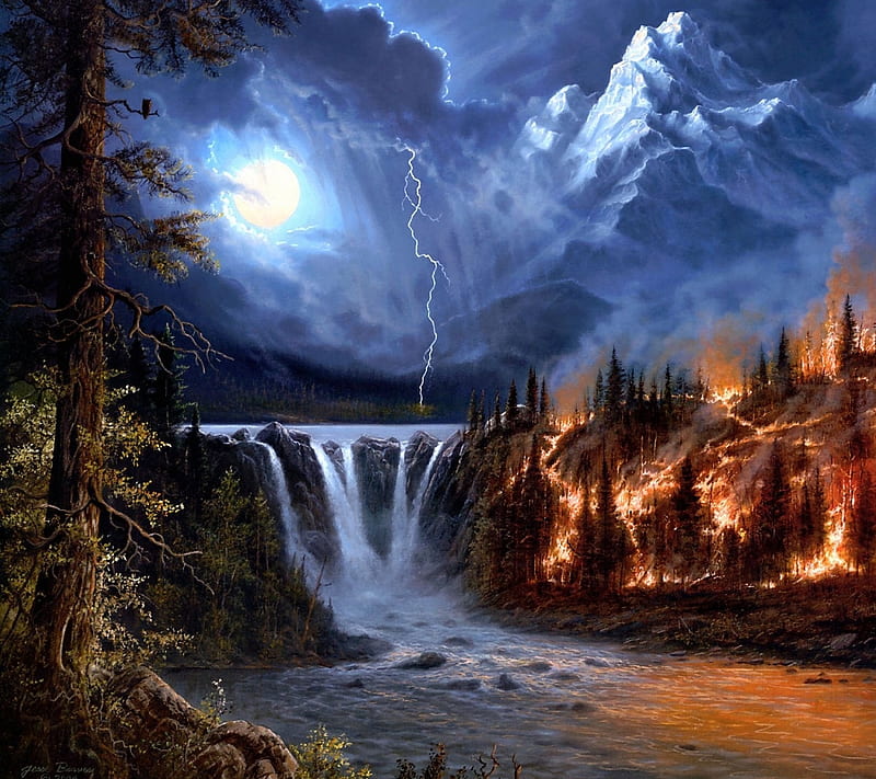 MoonLight Waterfall, dark, evening, landscape, moon, nature, night, river, trees, water, HD wallpaper