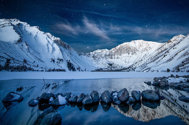 Earth, Winter, Lake, Mountain, Reflection, Sky, Snow, Stars, Stone, HD wallpaper