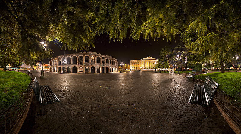 Verona in a Dream, dreamy, buildings, bench, place, park, trees, monument, verona, italy, HD wallpaper