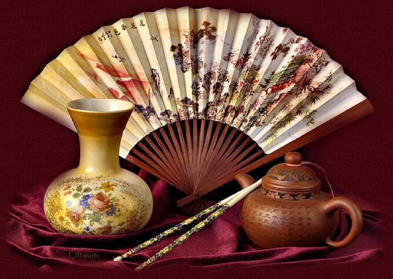 Oriental still life., teapot, still life, chopsticks, oriental, vase, fan, HD wallpaper