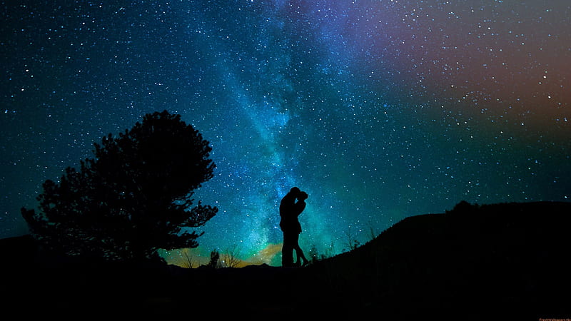 Couple Is Hugging Each Other Under Starry Sky Couple, HD wallpaper