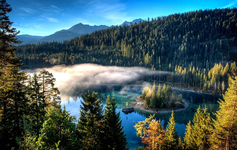 Caumasee Lake, forest, bonito, Switzerland, trees, islet, lake, low clouds, mountains, morning sun, HD wallpaper