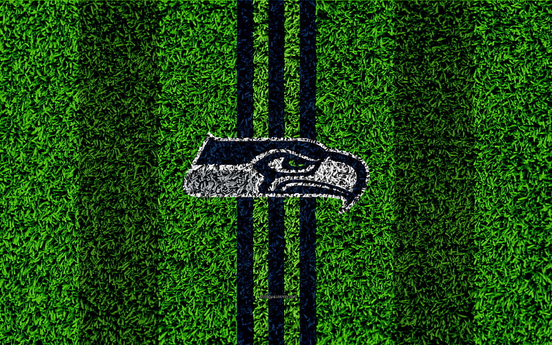 Seattle Seahawks, logo grass texture, emblem, football lawn, blue green lines, National Football League, NFL, Seattle, Washington, USA, American football, HD wallpaper