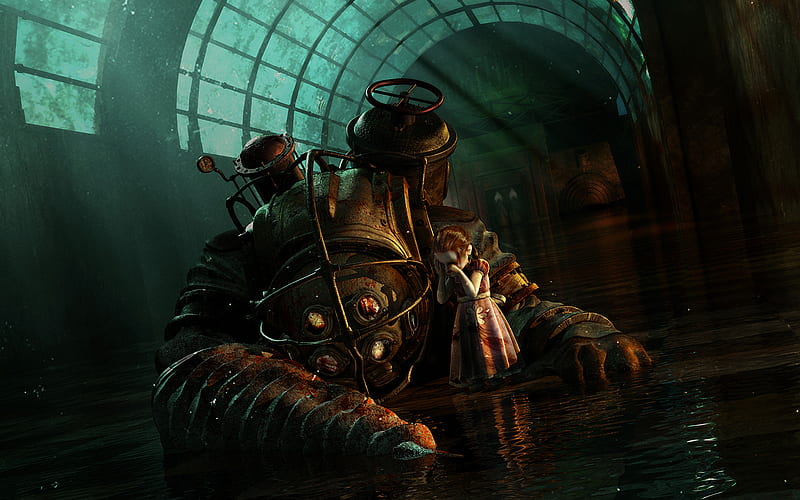 Bioshock, water, fps, first person shooter, video game, big daddy, little sister, HD wallpaper