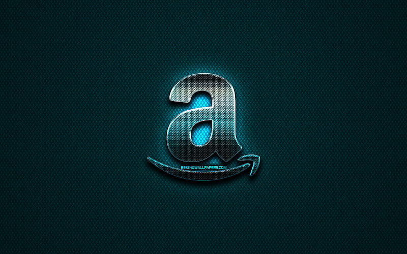 Amazon glitter logo, creative, blue metal background, Amazon logo, brands, Amazon, HD wallpaper