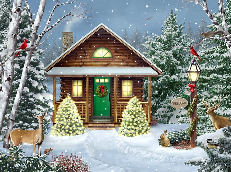 Christmas Cabins, love four seasons, Christmas Trees, nature, winter, Christmas, holidays, deer, xmas and new year, cardinals, paintings, snow, cabins, HD wallpaper