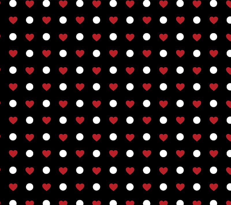 Polka Big Love - Dark, Betty, black, desenho, graphic, heart, pattern, polka dot, red, white, HD wallpaper