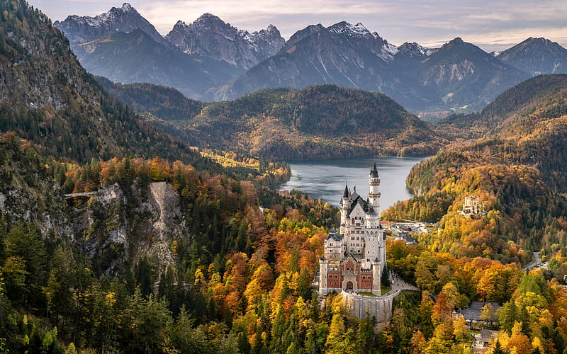 Neuschwanstein Castle, Bavarian Alps, autumn, beautiful castle, landmark, mountain landscape, castles of Germany, Schwangau, Bavaria, Germany, HD wallpaper