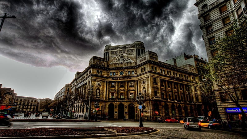 dark stormy clouds over barcelona r, city, intersection, r, clouds, stormy, HD wallpaper
