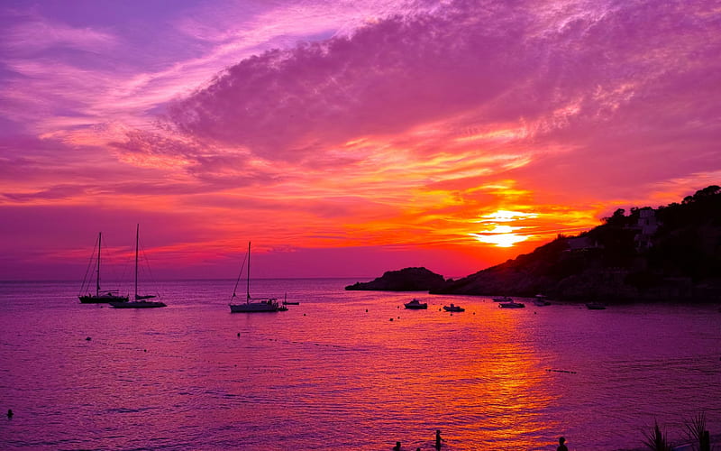 Spain Ibiza, water, purple, ship, sunset, pink, sea, ibiza, spain, HD wallpaper