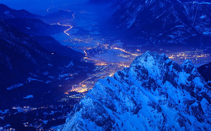 Town of Garmisch, waxenstein crest, town, garmisch, alps, illuminated, lights, winter, HD wallpaper