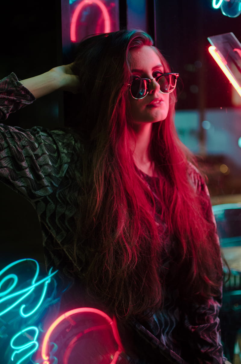 women, glasses, neon, long hair, HD phone wallpaper