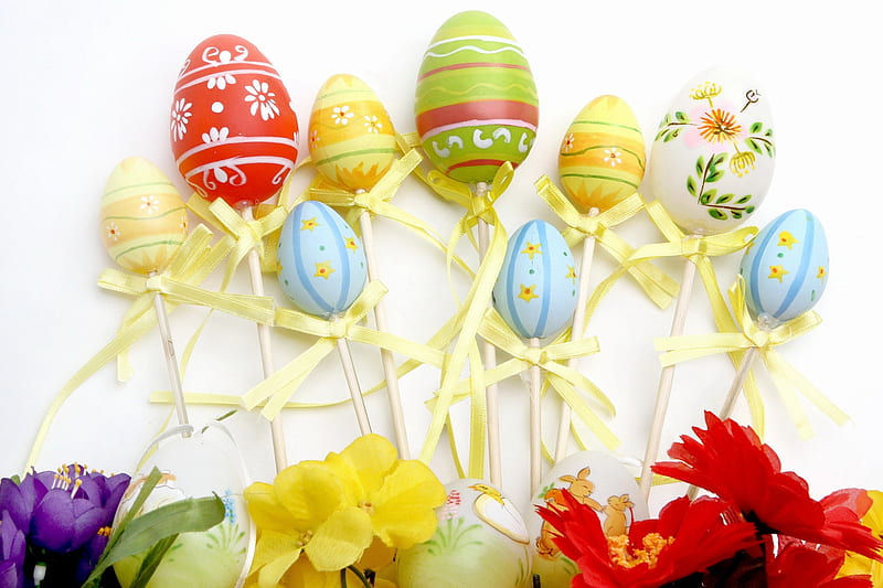 ~Easter Greetings~, easter eggs, holiday, eggs, flowers, spring, easter, ribbons, bows, HD wallpaper
