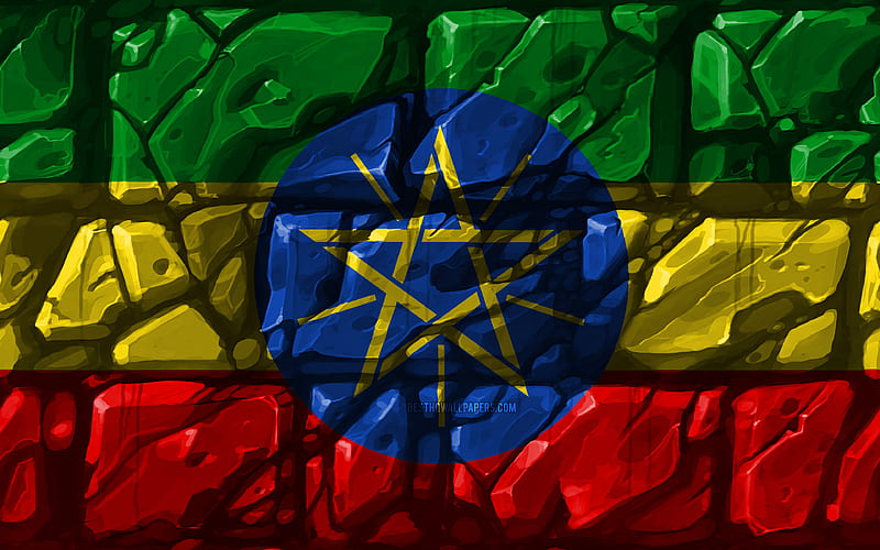 Ethiopian flag, brickwall African countries, national symbols, Flag of Ethiopia, creative, Ethiopia, Africa, Ethiopia 3D flag, HD wallpaper