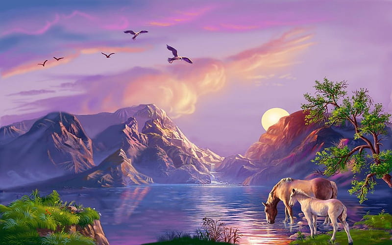 Sunset, horse, blue, art, cloud, cal, vara, water, bird, anima, summer, nature, HD wallpaper