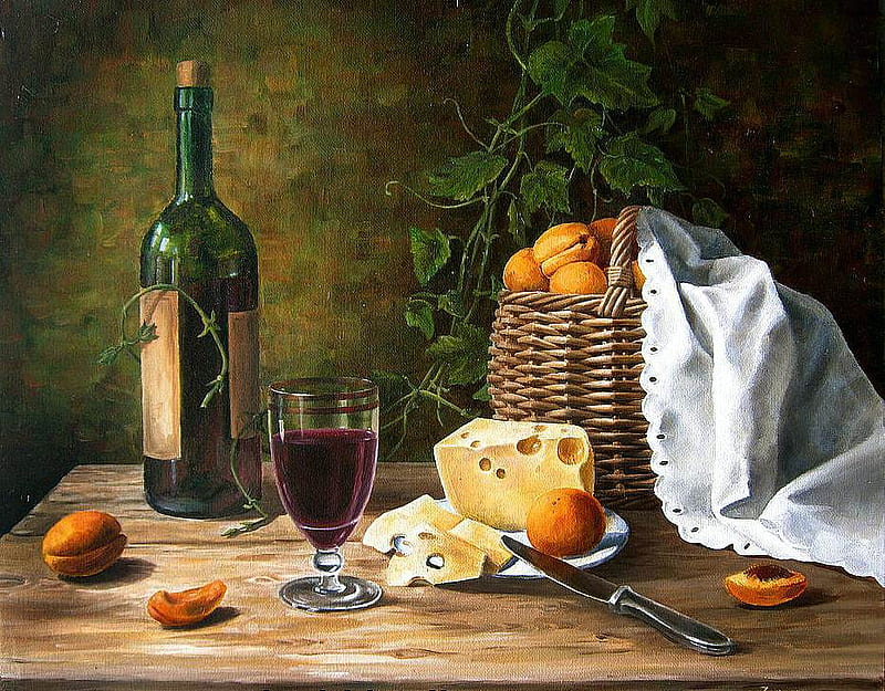 N. Zinin. Cheese, wine and apricots, table, art, wine, cheese, painting, n zinin, apricots, HD wallpaper