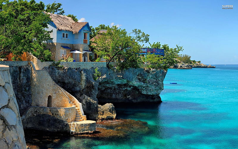 House on Coast of Jamaica, oceans, nature, beaches, houses, HD wallpaper