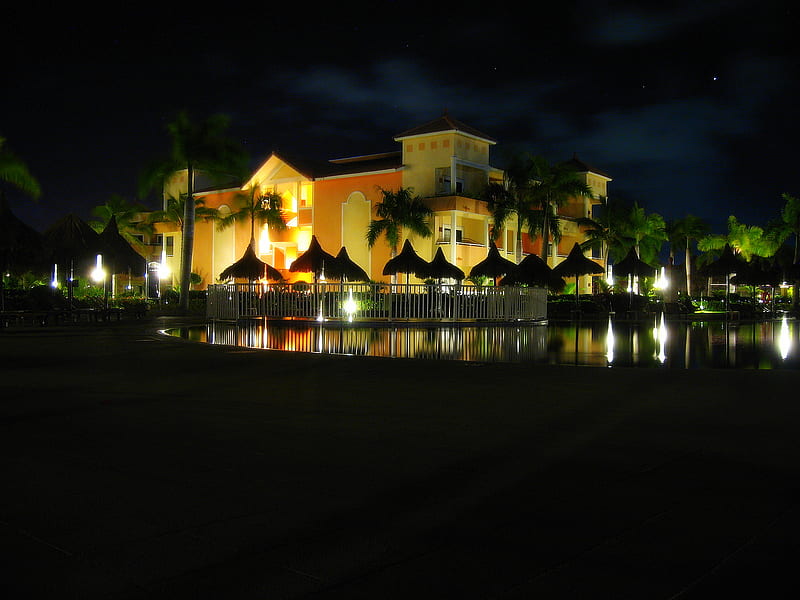 Bahia Principe Punta Cana by Night, resort, stars, night, palm tree, HD wallpaper